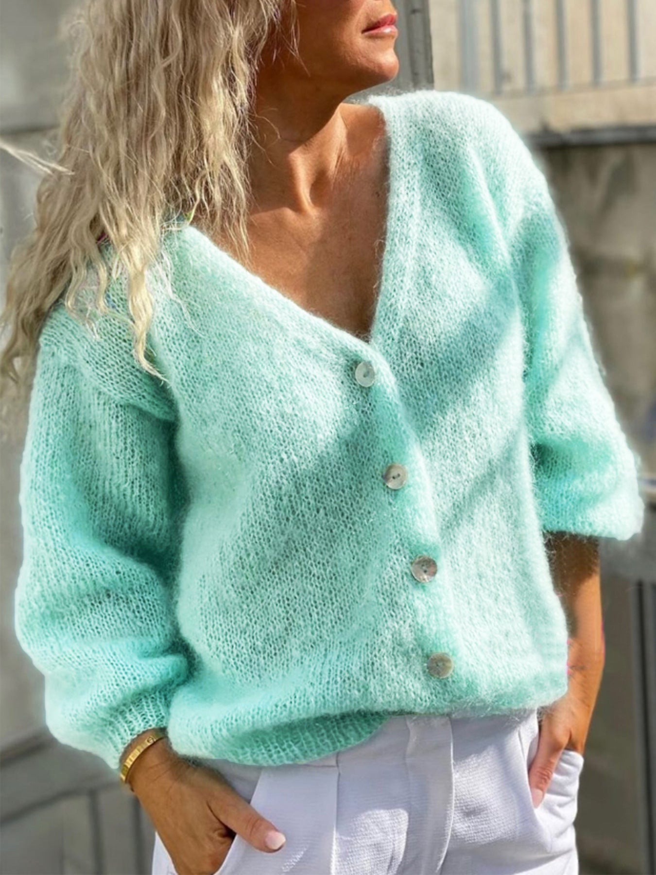 Autumn Winter Women Deep V Plunge neck Solid Color Buttons Cardigan Knitted Sweater Coat