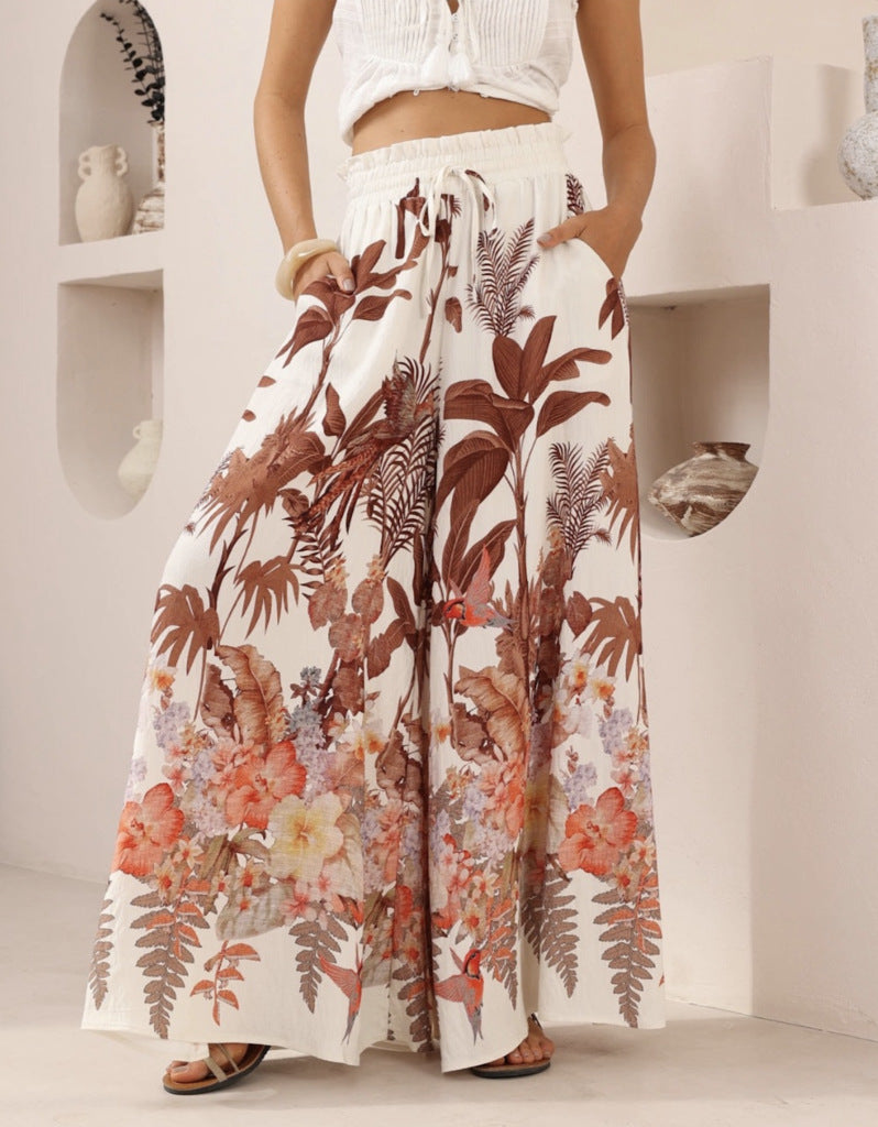 Summer Wide Leg Pants Leaf Print Casual Loose Wide Leg Pants