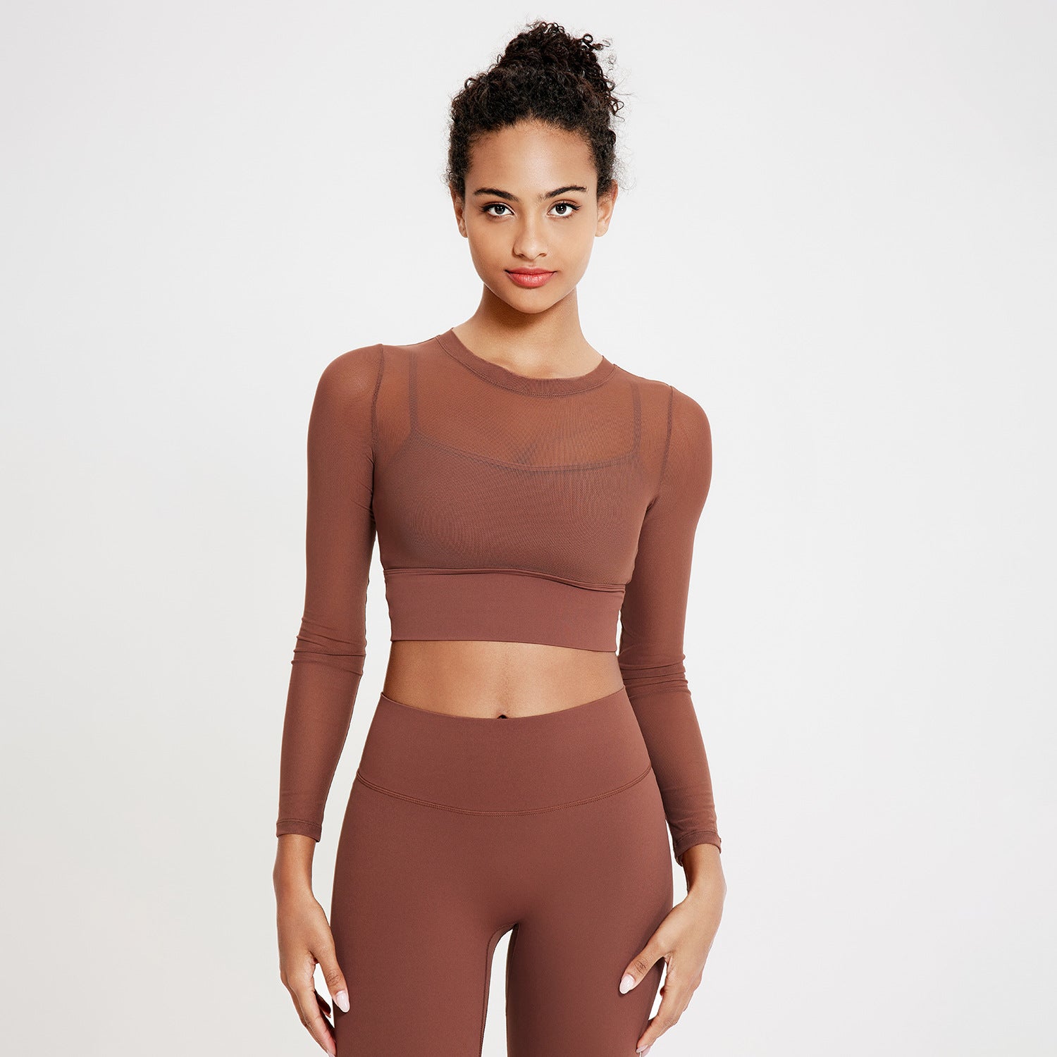 Sexy Mesh Rundhals Yoga Kleidung Langarm Laufen Schnelltrocknender Sport BH Einteilige Schale Workout Kleidung Oberteil