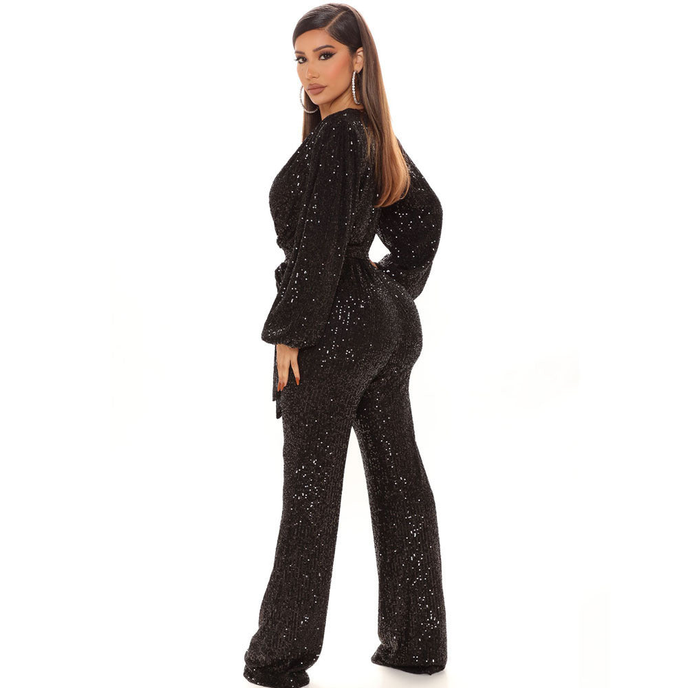 Herbst High-End Damen Jumpsuit mit Pailletten, tiefem V-Ausschnitt und langen Ärmeln, Overall-Hose