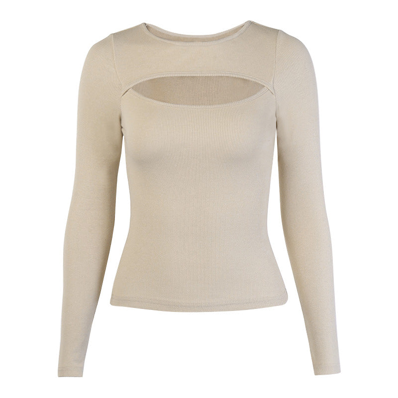 Damen Herbst Winter Ausgeschnittenes Langarm-Oberteil Sexy Stretch Ripp T-Shirt für Damen