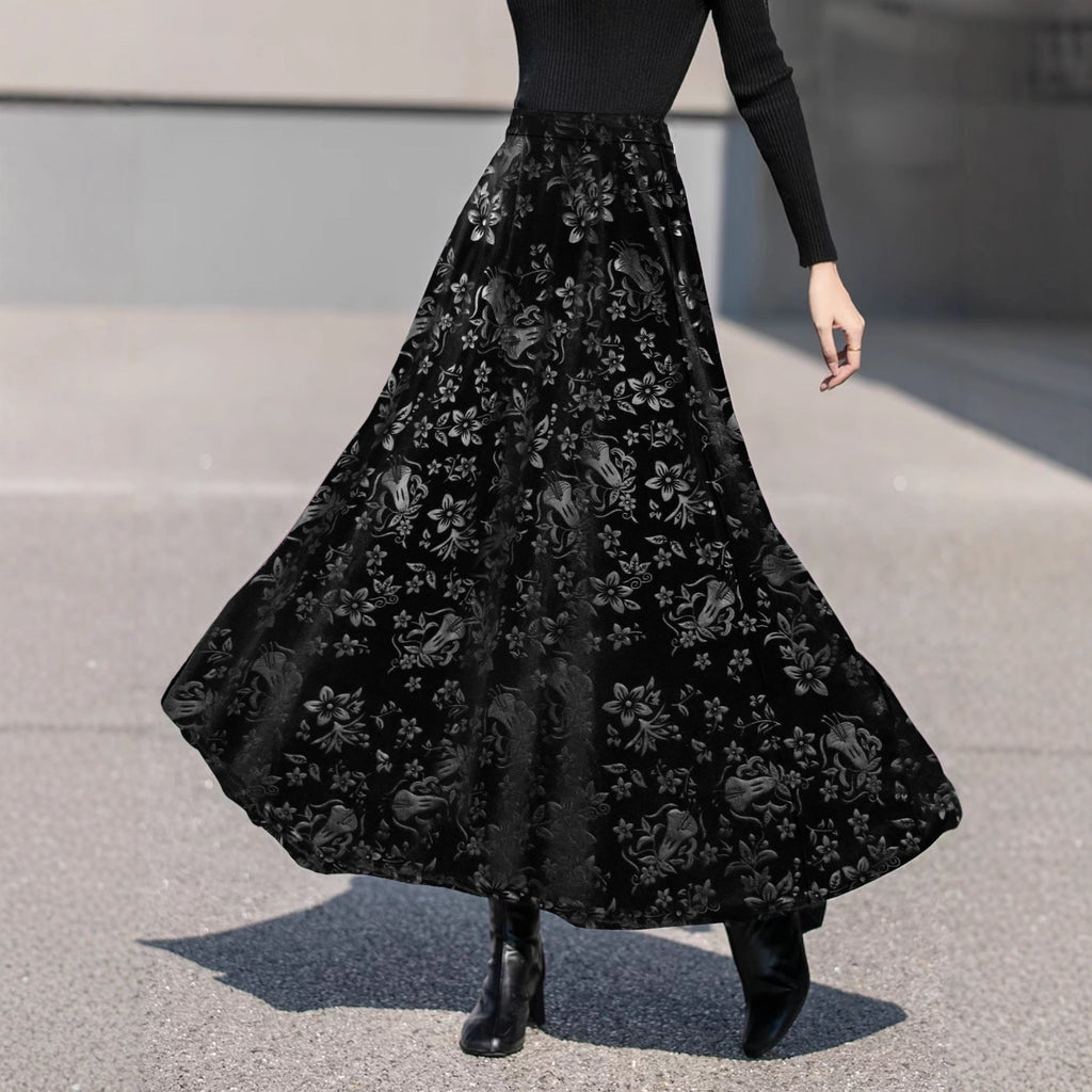 Herbst Winter Elegant Hochwertiger Großer Schwingrock Bedruckter Samtrock Damenbekleidung
