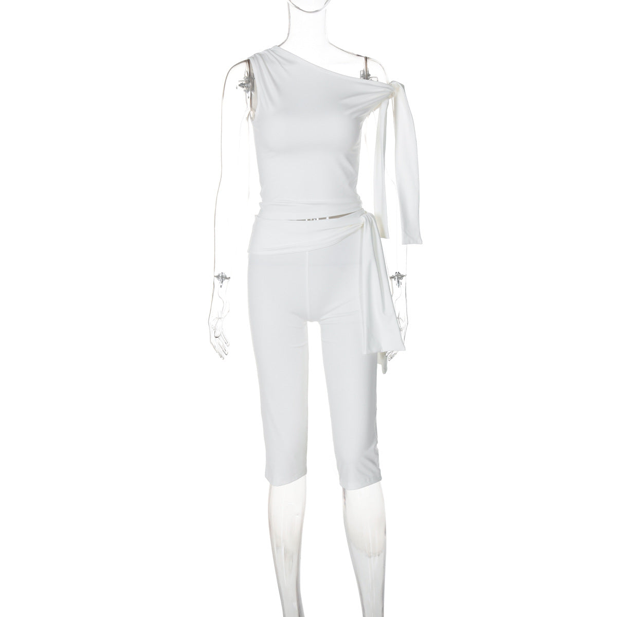 Women Clothing Summer Street Shooting Diagonal Collar Sleeveless Top Slim Fit Tied Shorts Suit