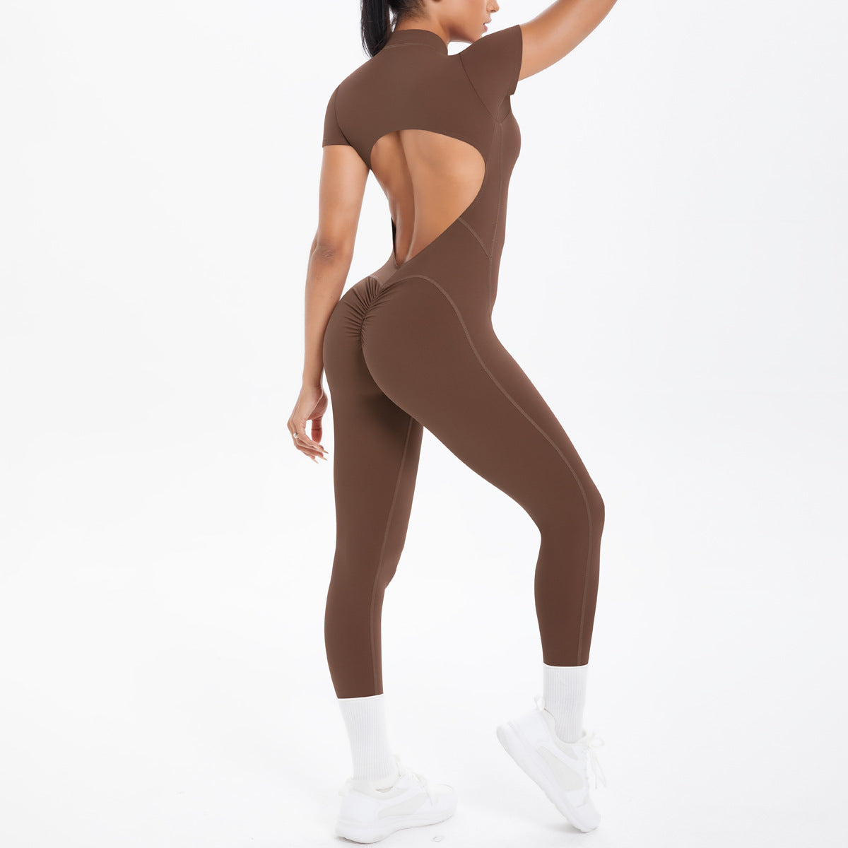 Offener Kragenreißverschluss mit Brustpolster Kurzarm Einteiler Beauty-Rücken Fitness Sport Overall Skinny Yoga Kleidung