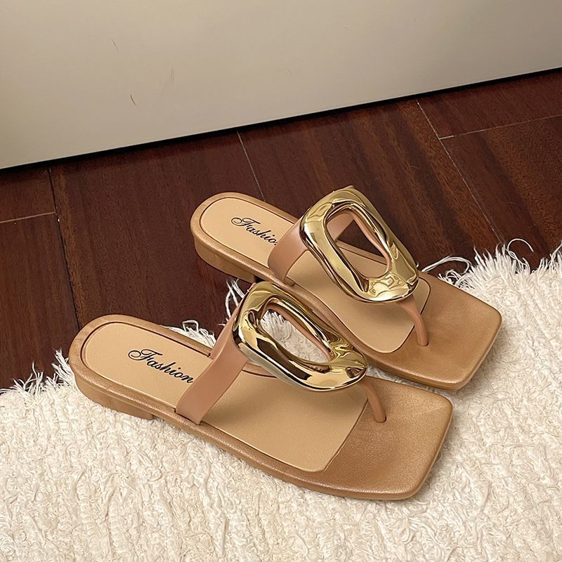 Shopezra L.L.C. square-toe open-toe thong sandals with metal buckle, breathable summer flat sandals for outdoor casual wear