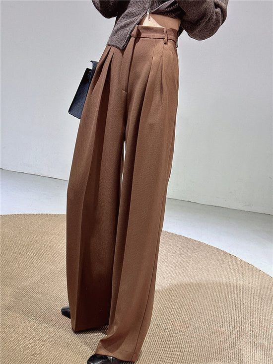 Frühling und Herbst Neuer Stil Old Money Style Braune Kaffeefarbene Anzugshose für Damen, Weite Hose mit Drapierungseffekt, Schlankmachend, Verlängerte Länge für Große Personen, Gerades Bein