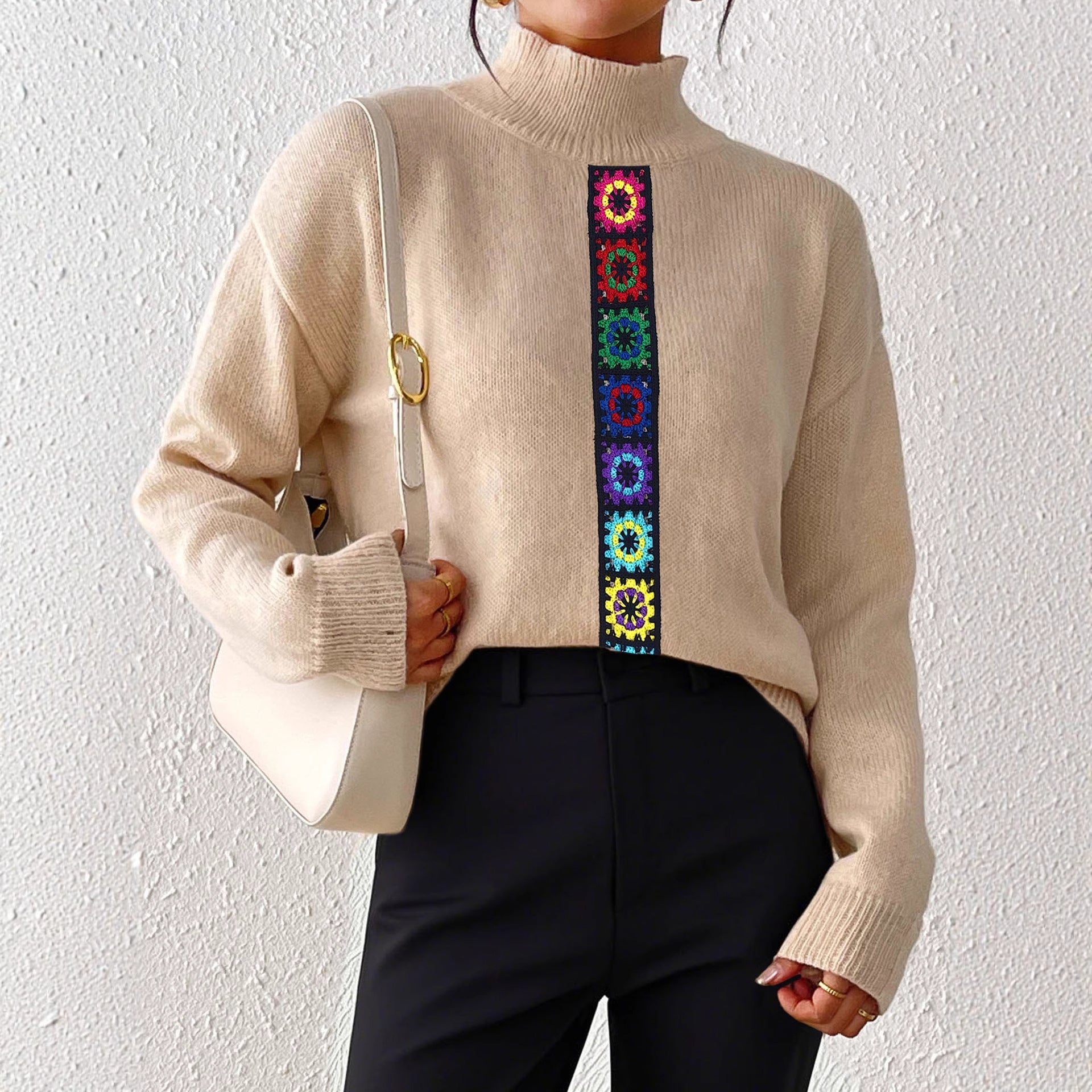 Damen Kleidung Persönlichkeit Farbe Zufällig Imitiert Handgehäkeltes Patchwork Gewebtes Oberteil Pullover