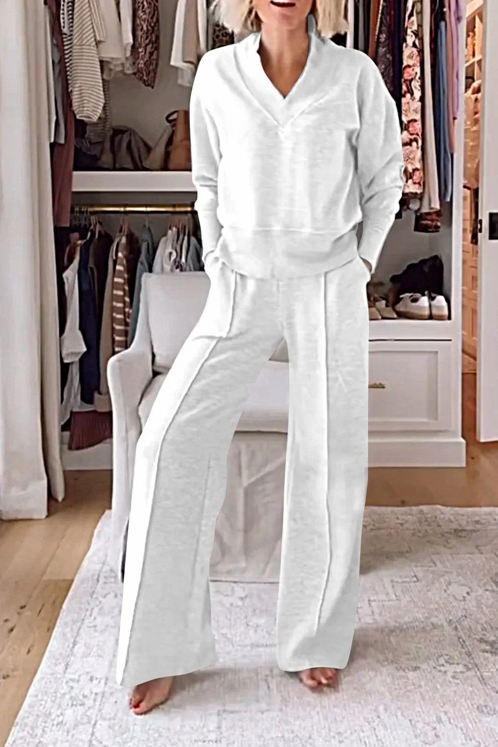 Autumn Casual V neck Long Sleeve Loose Top Wide Leg Pants Two Piece Set