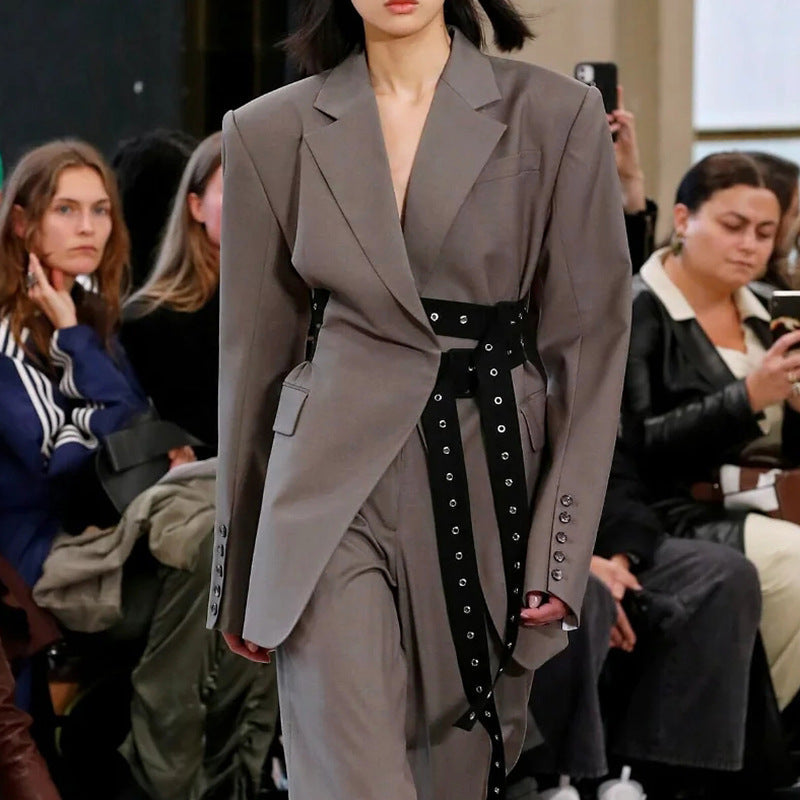 Herbst Winter Doppelgürtel Dekonstruktion Blazer Oberteile Damen