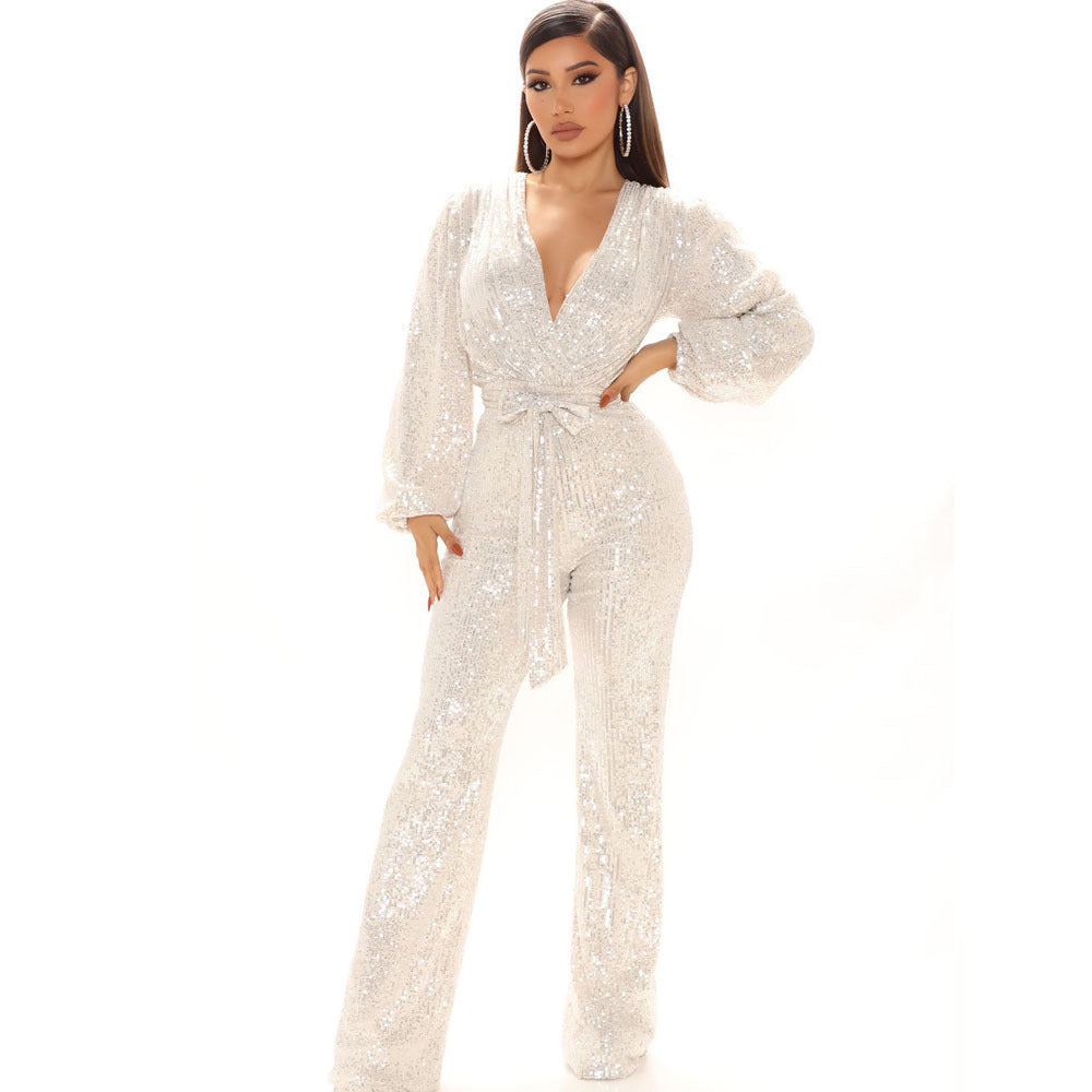 Herbst High-End Damen Jumpsuit mit Pailletten, tiefem V-Ausschnitt und langen Ärmeln, Overall-Hose