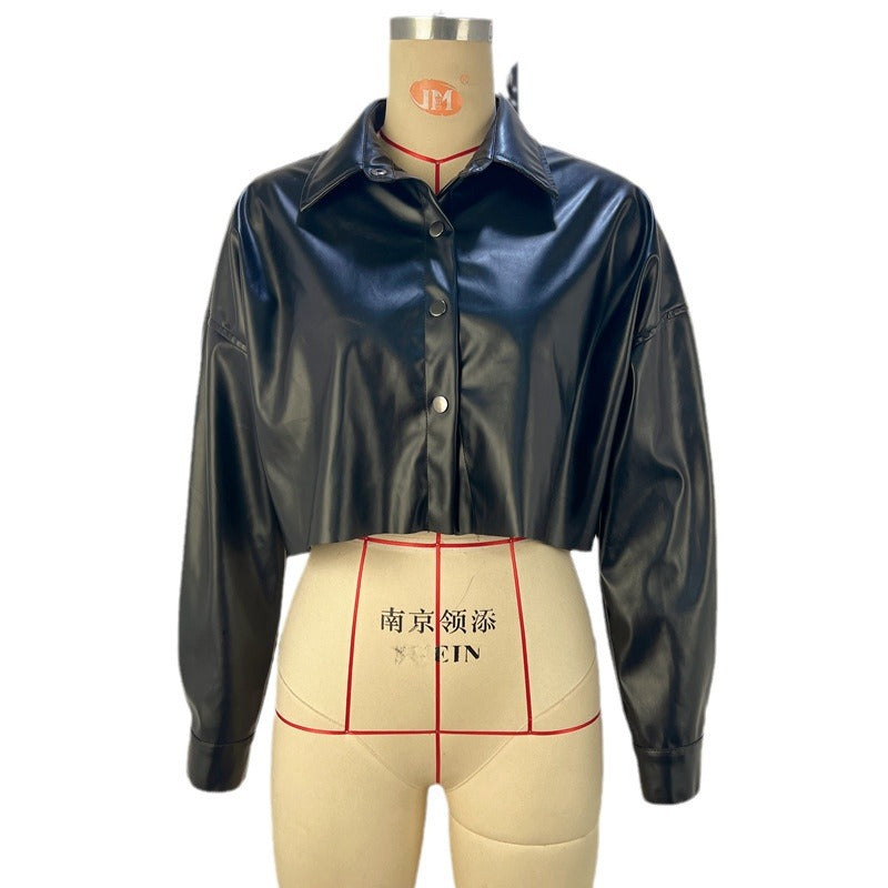 Damenbekleidung Damen Herbst Winter Fledermausärmel Langarm Cropped Einfarbig Faux-Leder Hemd Damenhemd