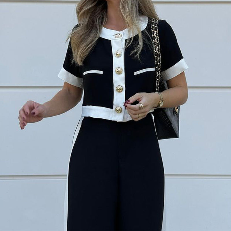 Damen Herbst Winter Büro T-Shirt Kurze Oberteil Gerade Hose Anzug Zweiteiler Set