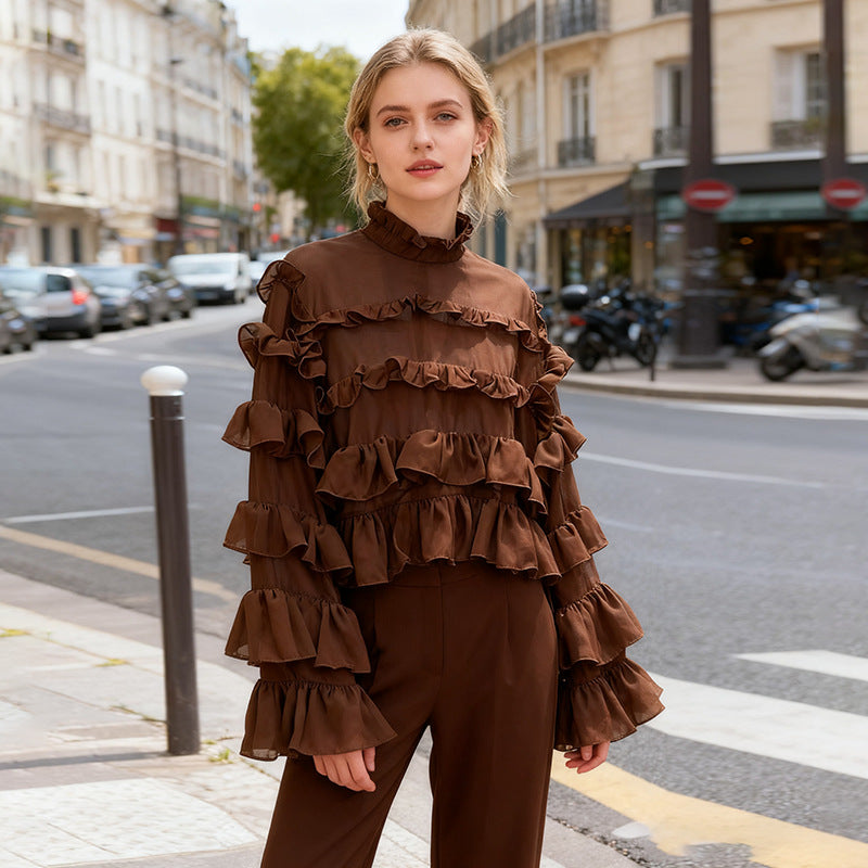 Korean Personalized Comfortable Ruffled Shirt Autumn Niche Design Solid Color Loose Top for Women