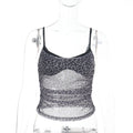 Summer Sexy Mesh Leopard Print Faux Two Pieces Spaghetti Strap Camisole Top