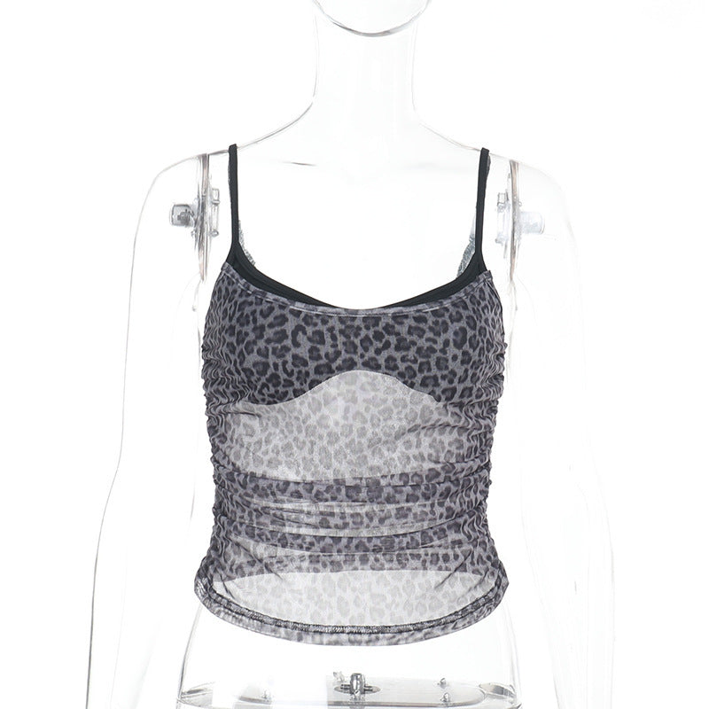 Summer Sexy Mesh Leopard Print Faux Two Pieces Spaghetti Strap Camisole Top