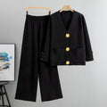 Lässiges zweiteiliges Set für Damen Herbst Winter Wilde Metallschnalle Strickjacke Pullover Weite Hose Set