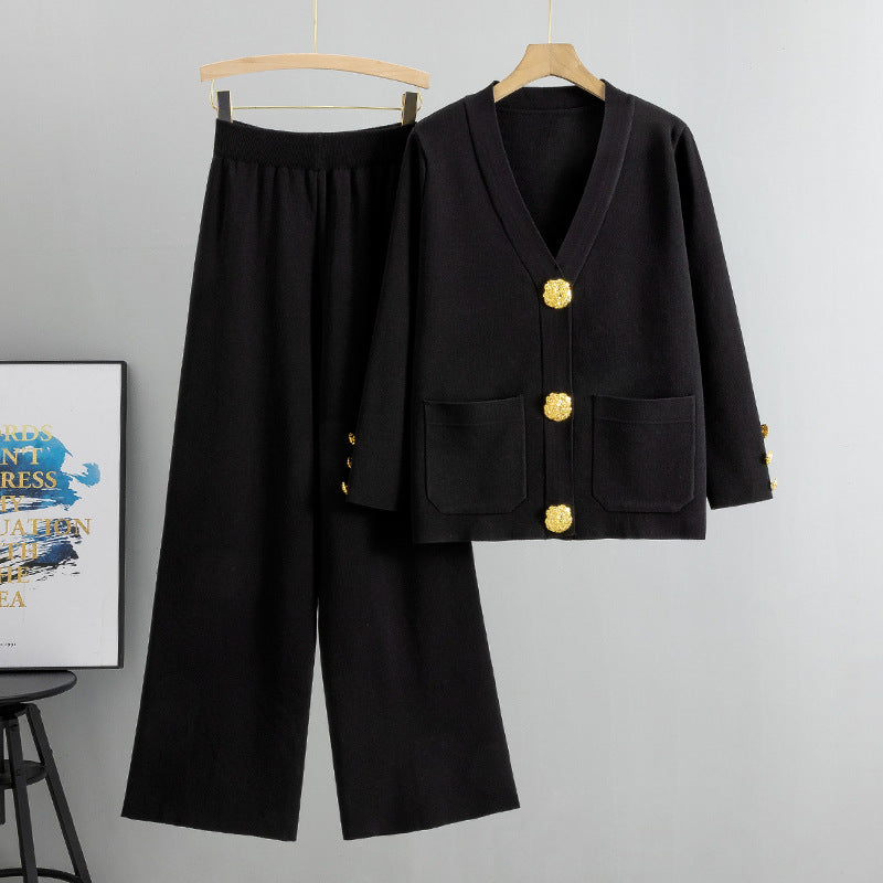 Lässiges zweiteiliges Set für Damen Herbst Winter Wilde Metallschnalle Strickjacke Pullover Weite Hose Set