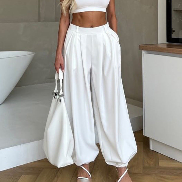Women Clothing Simple All Match Loose Fit Tappered Trousers Pleated High Waist White Casual Pants