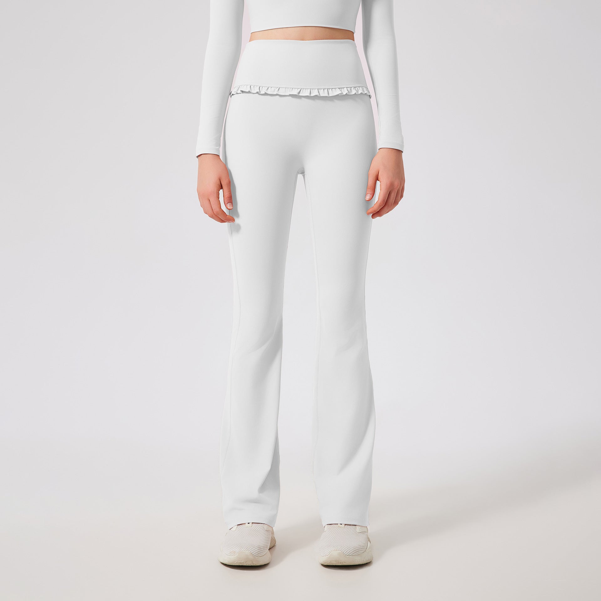 Gerüschte Skinny Yoga Leggings für Damen – High Waist, Schlankmachend, Sportlich, mit ausgestelltem Bein, schmal geschnitten, atmungsaktiv, lässig, Fitnesshose