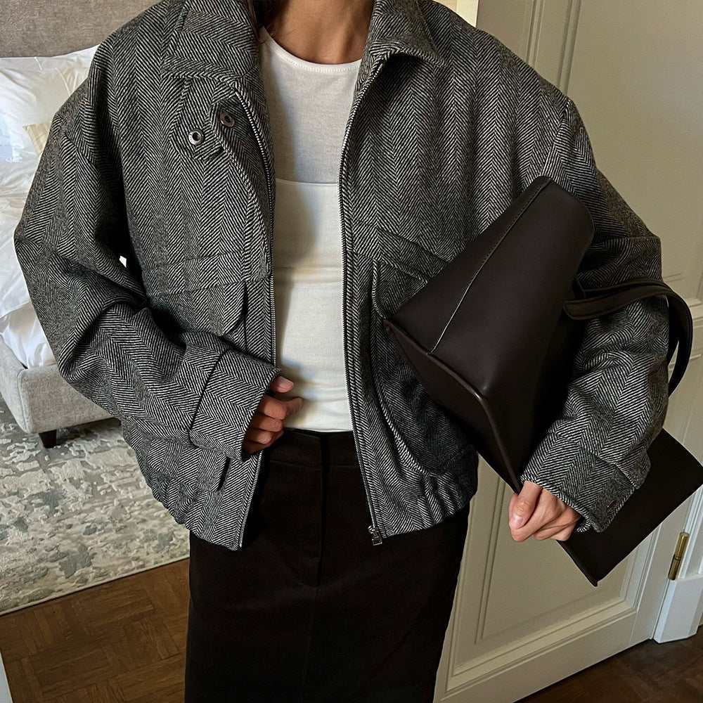 Fischgrätmuster Stehkragenjacke Herbst Winter Reißverschluss mit Tasche Oberteil Lockerer Wollmantel