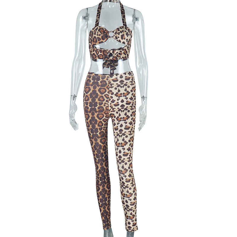 Women Clothing Leopard Print Printing Sexy Bandeau Suspender Trousers Two Piece Sets