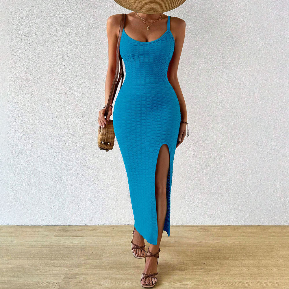 Vacation Beach Dress Women Summer Sexy Package Hip Slit Knitted Sling Midi Dress