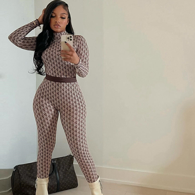 Women Clothing Printed Street round Neck Long Sleeve Trousers Body Pants Fitness Jumpsuit Women