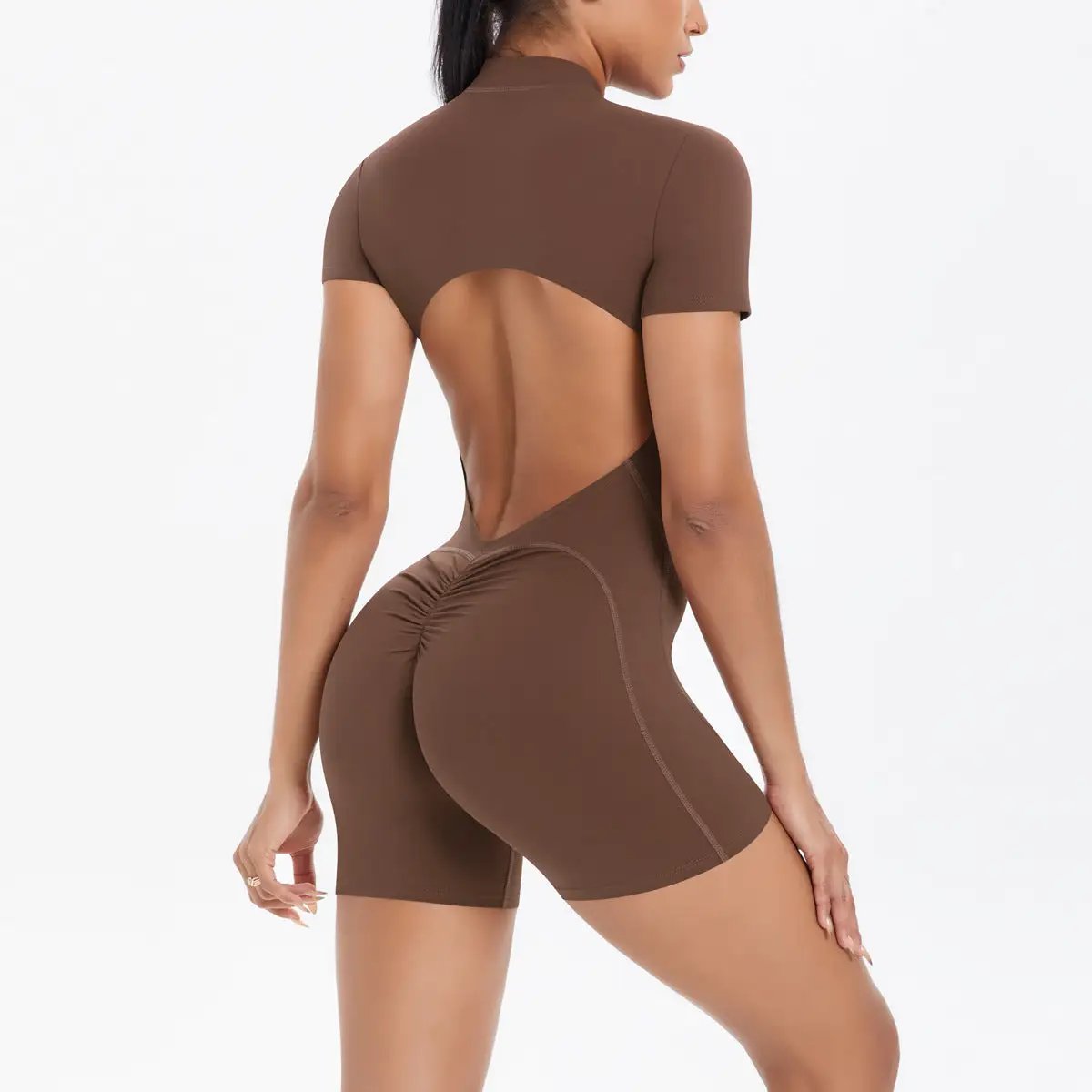 Hollow Out Cutout Beauty Back Short Sleeve Zipper Jumpsuit Peach Hip Sports Fitness Bare Back Jumpsuit Yoga Clothes for Women by Wanita Store