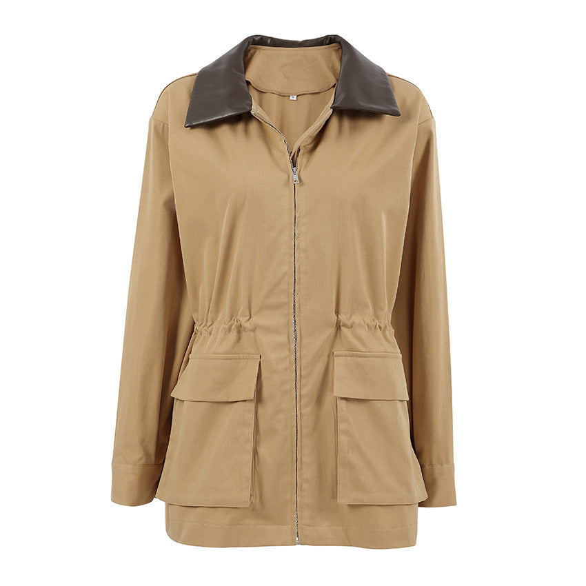 Damen Trenchcoat aus Patchwork-Leder, locker geschnitten, Herbst/Winter