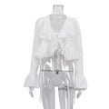Women Clothing Spring Ruffled Flare Sleeve Tie Neck Top All Matching Shirt