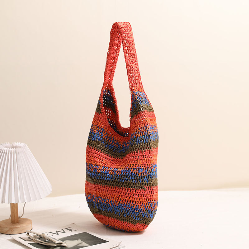 Farbige Schulterstrohtasche, lässige Korbtasche mit großem Fassungsvermögen für den Urlaub am Meer, Strandtasche, vielseitige Strohtasche