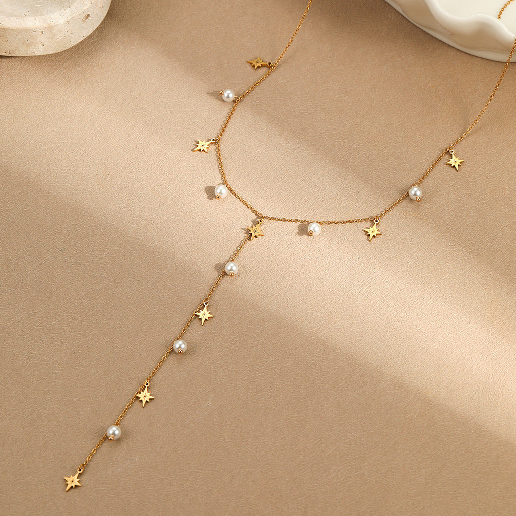 Advanced Tassel Imitation Pearl Y Word Chain Necklace Stainless Steel Plated 18K Necklace