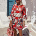 Cotton Linen Casual National Positioning Printed 3/4 Sleeves Mini Dress