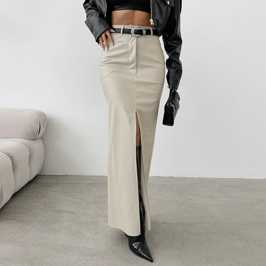 Herbst Premium Eleganter Fleecegefütterter Mattleder-Rock mit hoher Taille, schmaler Passform, sexy Schlitz, gerader Schnitt für Damen, ohne Gürtel