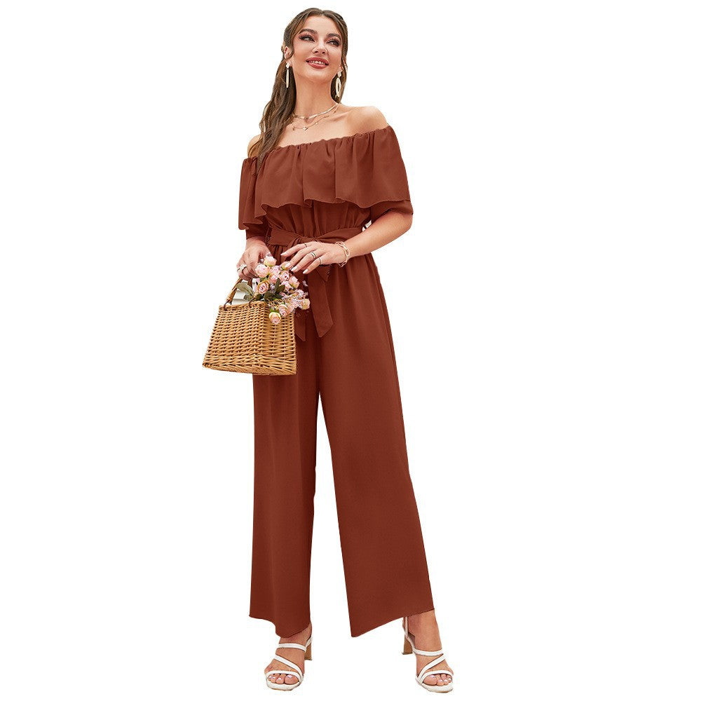 Damenbekleidung Sommer Casual schulterfrei Rüschenärmel Schnürung Crop-Top weite Beinhose