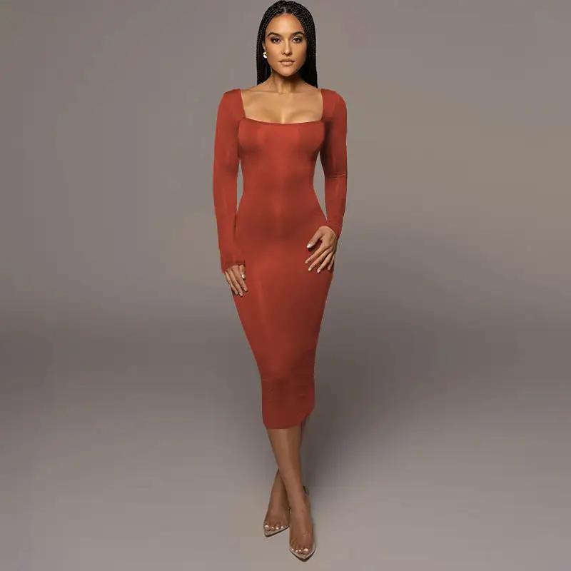 Winter Arrival Women's Sexy Sexy Slim Fleece Square Collar Long Sleeve Dress by Wanita Store