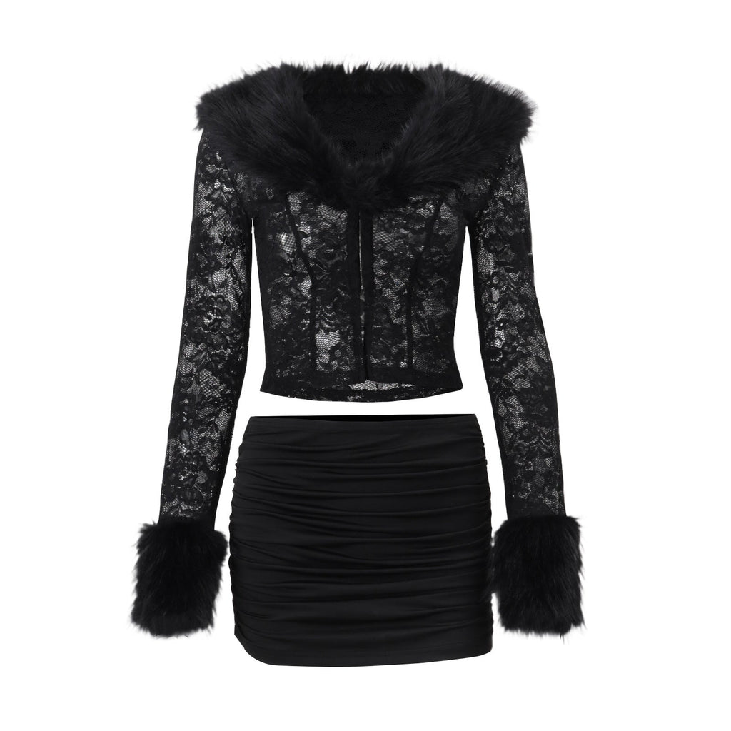 Women Clothing Autumn Winter Street Lace Plush Long Sleeved Top Sexy Skirt Set
