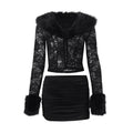 Women Clothing Autumn Winter Street Lace Plush Long Sleeved Top Sexy Skirt Set