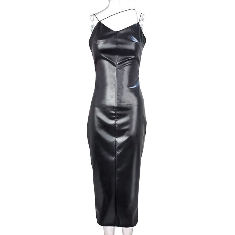 Beliebtes, sexy, figurbetontes Etuikleid aus Kunstleder mit Taillenschnürung und Schlitz für Damen, ideal als Nachtclub-Uniform