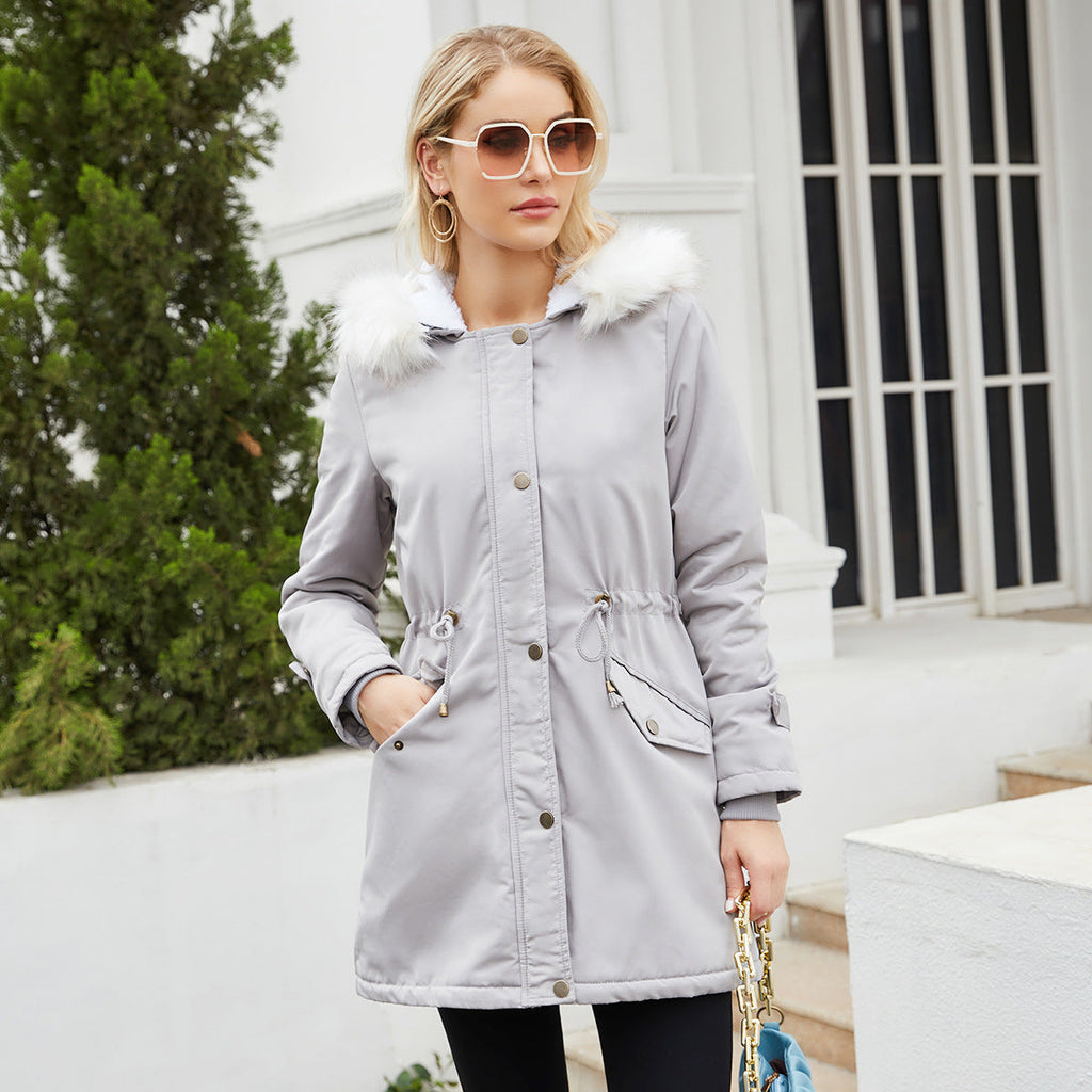 Herbst Winter Abnehmbarer Pelzkragen Damen Überwinden Langarm Kapuzen Baumwolle Gepolsterter Mantel Fleece Mantel Baumwolle Gepolsterter Mantel Damen