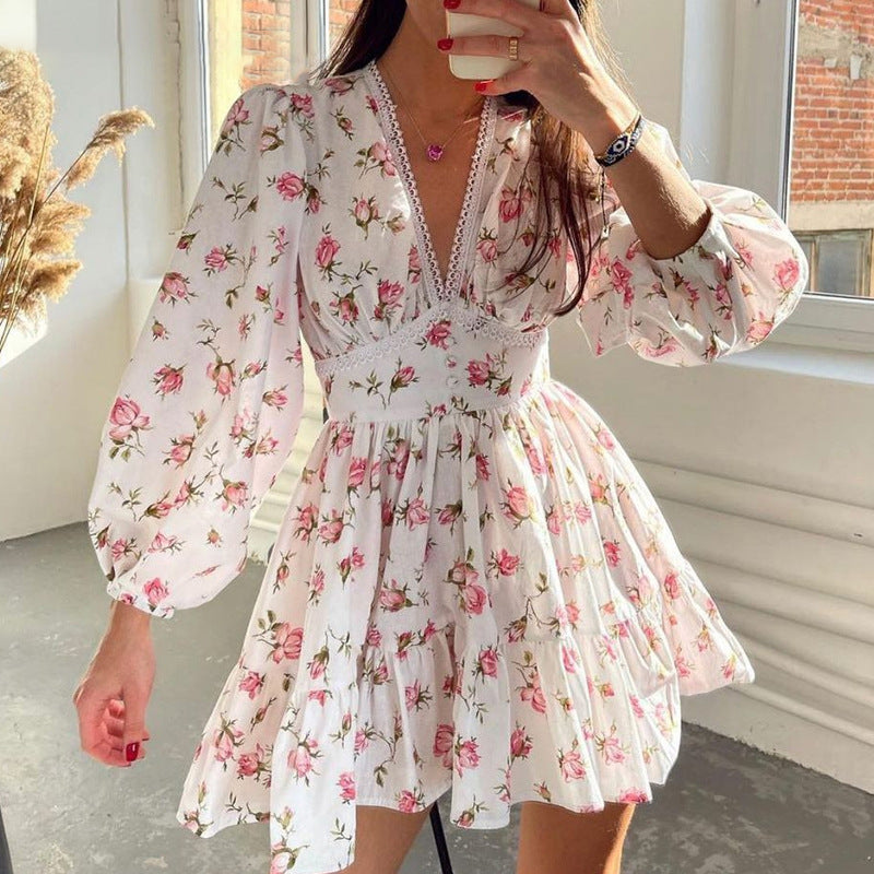 Herbst Winter Damenbekleidung Street Casual Blumenmuster Midi High Waist Slim V-Ausschnitt Kleid