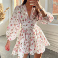 Herbst Winter Damenbekleidung Street Casual Blumenmuster Midi High Waist Slim V-Ausschnitt Kleid