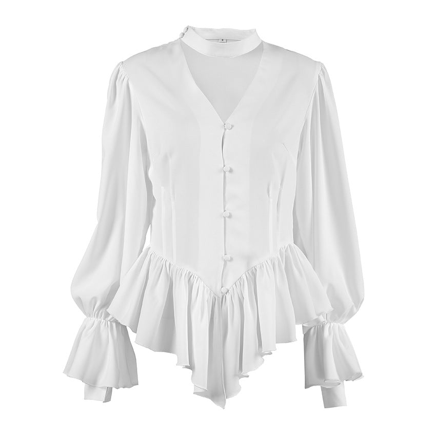 Palace Design Ruffled Long Sleeved Shirt Spring Autumn Elegant High Grade Top Women