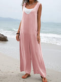 Summer Popular Solid Color Stickers Bags Jumpsuit V neck Suspender Pants Wide Leg Trousers for Women
