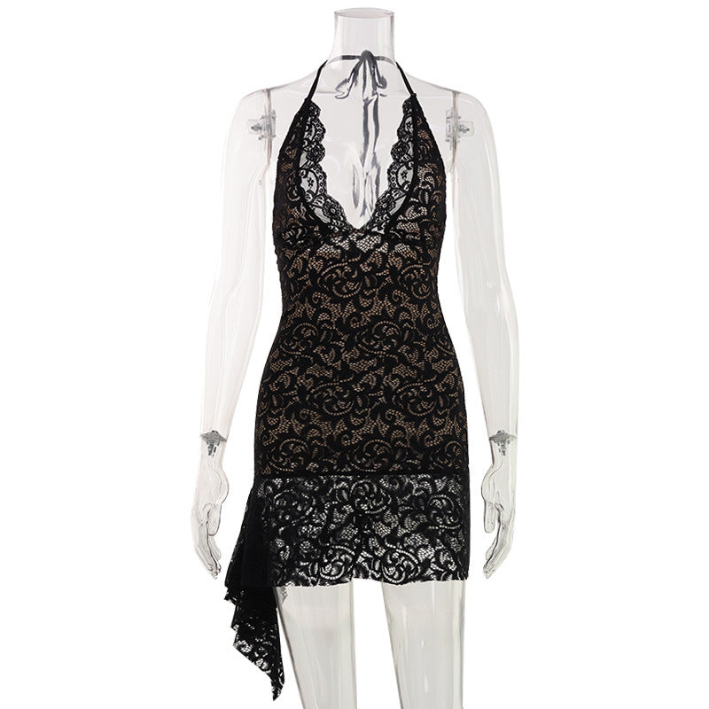 Sexy Women's Lace Fabric Low Cut Halter Sexy Slim Fit Figure Flattering Dress