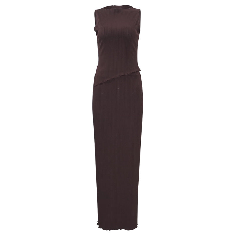 Summer Solid Color round Neck Unrepaired Irregular Asymmetric Top High Waist Dress Slim Fit Two Piece Sets