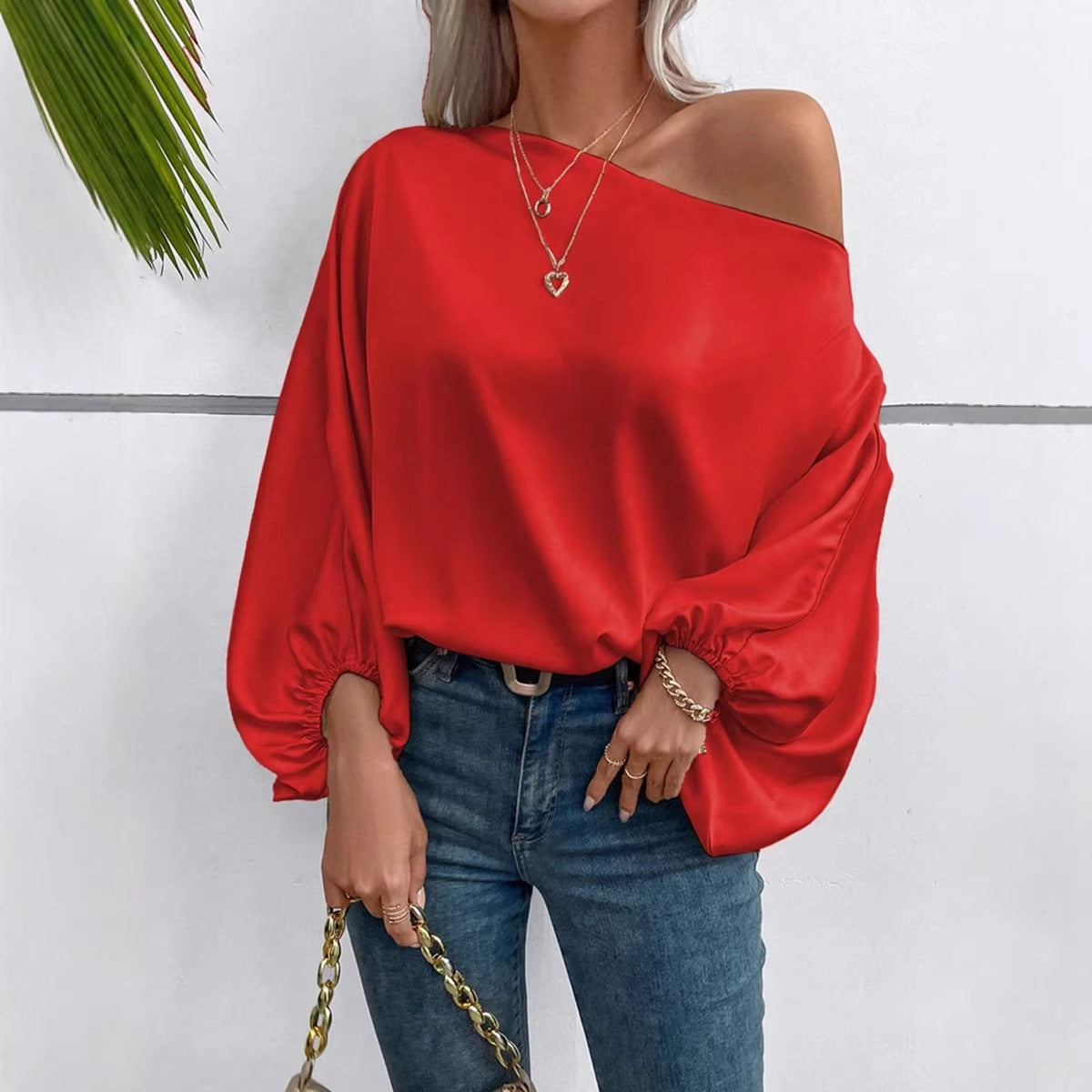 Women Clothing Winter off the Shoulder Satin Shirt Loose Asymmetry Top