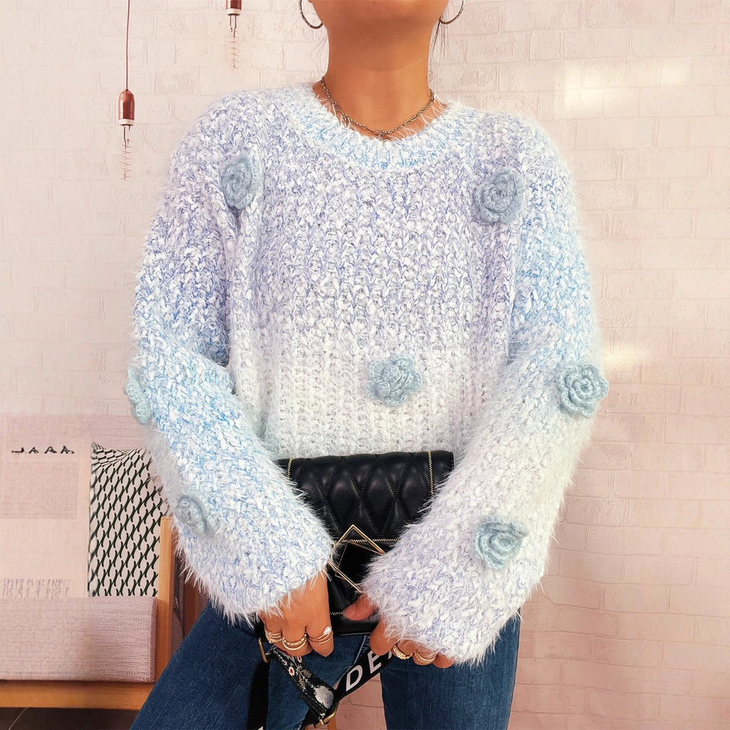 Herbst Winter Farbverlauf Dreidimensional Niedlicher Blumen Pink Rundhals Langarm Strickpullover