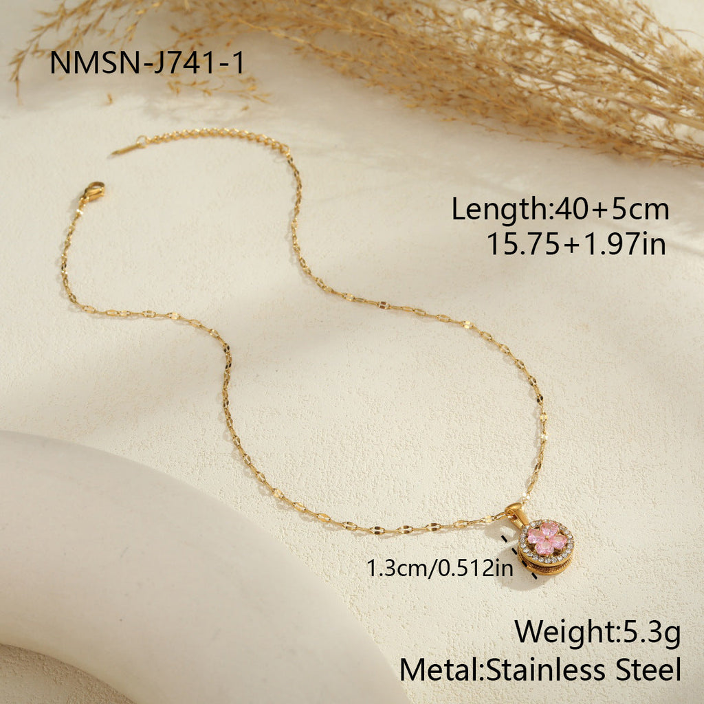 Inlaid Zircon Rotatable Clover Stainless Steel Necklace Light Luxury Titanium Steel Ring Hand Jewelry