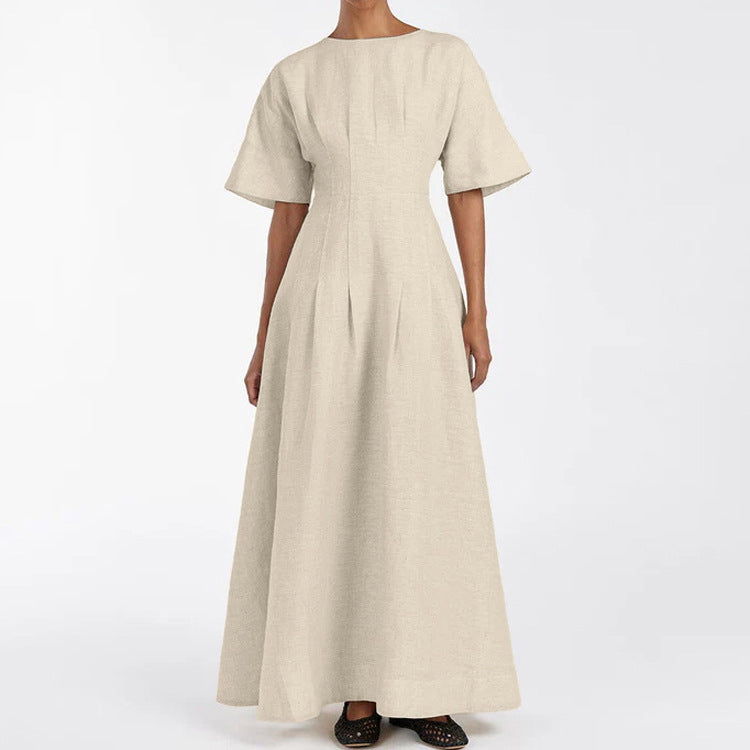 Damenbekleidung Schlichtes lässiges A-Linien-Kleid Baumwoll-Rundhalsausschnitt Kurzarm tailliertes Kleid